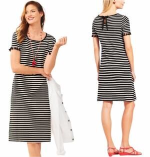 Talbots Striped Tassel Pom Pom Dress Black White Size XS